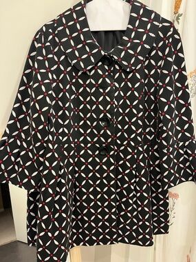 Black Geometric Print Button Front Jacket with Red and White Accents